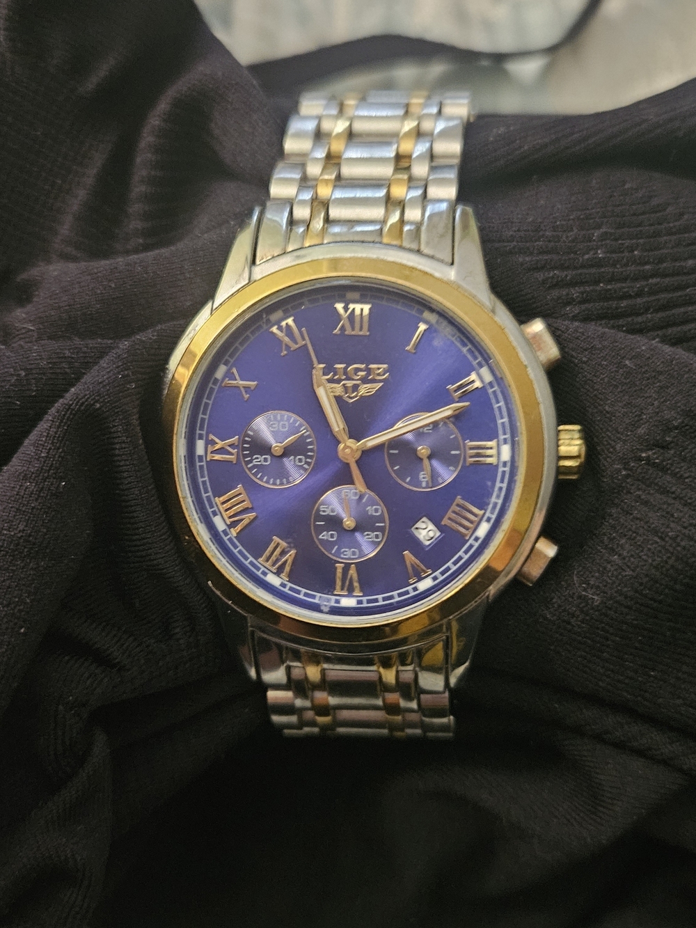 LIGE Men's Blue Dial Two-Tone Stainless Steel Chronograph Watch